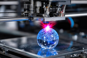 3D printing technology creating a glass sphere with intricate designs and vibrant colors in action