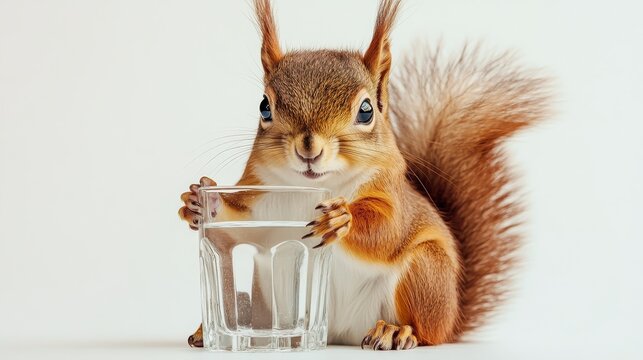 funny squirrel with glass of water on white background