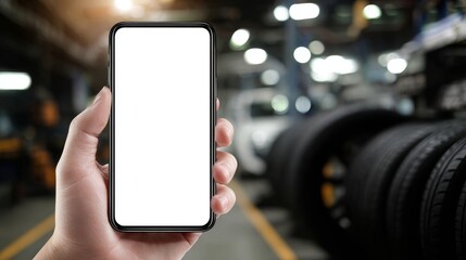 smartphone with white screen on the background of tire service, mock up, online tire and disc store