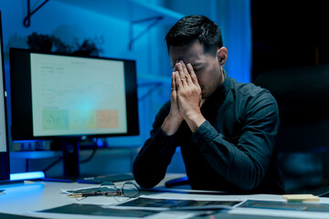 Portrait of a man working overtime at the office. Employee working hard, stressed, tired, working slowly.