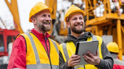 Smiling technicians in safety helmets and reflective vests using a digital tablet to inspect machinery outdoors.