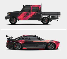 Black Off Road Truck and Tuned Sports Car with Red Graphics