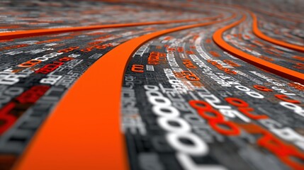Dynamic Curved Pathway with Digital Text in Orange and Gray Tones for Tech and Data Visualization Projects