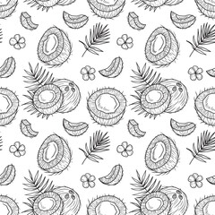 Seamless pattern coconut and half with palm leaf branch in black on white background. Hand drawn vector sketch illustration in doodle engraved vintage line art. Cocktail, dessert ingredient, perfume