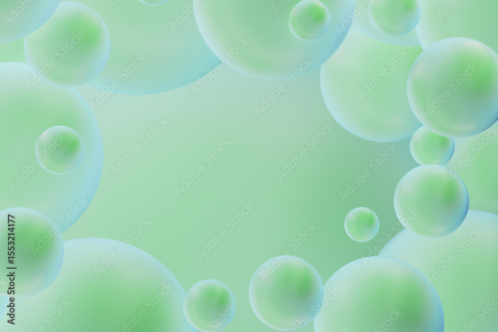 Poster Modern abstract art background with green spheres as blank frame for text and soft focus in tranquil background setting for decor. Copy space. 3D rendering. Fluid and calm abstract pattern.
