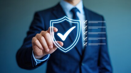 a man in a suit, dark blue suit, crisp white shirt, tie, formal attire, standing and holding a shield icon, digital security concept, minimalist flat design, elegant professional businessman, high-qua