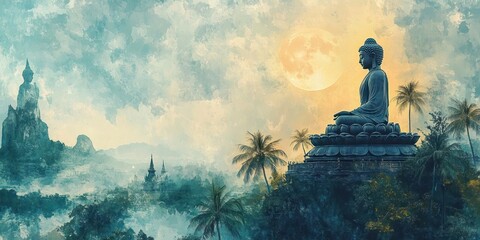 Large serene Buddha statue seated on a stone pedestal surrounded by palm trees with misty mountains and temple spires in the background under a cloudy sky and a glowing full moon