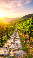 Naklejka premium Vineyard at Sunrise: A picturesque vineyard bathed in the warm glow of sunrise, rows of lush grapevines create a tranquil scene of natural beauty.
