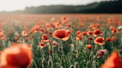 Vibrant red poppies blooming in a lush green field under sunlight