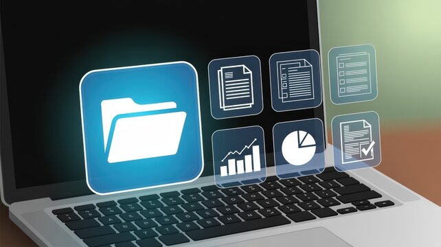 laptop,open laptop,folder icon,graph icon,analytics dashboard,stylized display,futuristic interface,minimalist design,digital technology,sleek and modern
