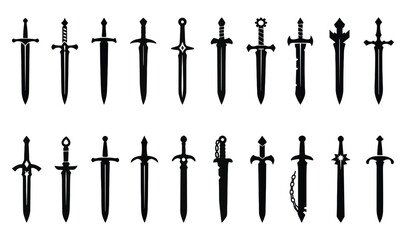 Vector set of ancient and medieval swords. Includes silhouette illustrations of dagger, katana, broadsword, knight sword, and other vintage weapons. Isolated on white or transparent background