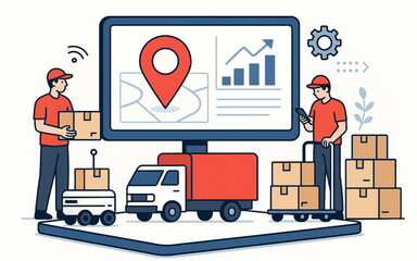 Delivery service illustration showing efficient logistics, tracking system, and automated transport with workers and a truck, showcasing modern shipping solutions.