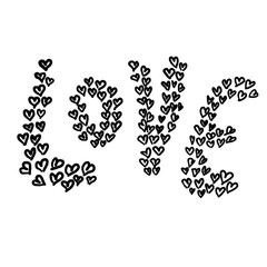The word LOVE formed by many hearts, simple note sketch, hand drawn illustration, black pencil, transparent background, PNG