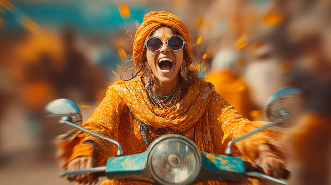 A joyful Indian woman rides a scooty through a street, radiating happiness