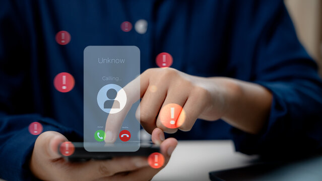 Scam phone call concept with unknown caller ID and alert icons. Illustrates mobile fraud, cybersecurity threat, phishing, and personal data protection from suspicious phone activities.