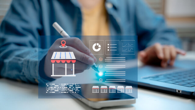 Franchise system concept with digital interface showing store icon, data analytics, checklist and location pin, representing organized business model, retail planning, and smart management.
