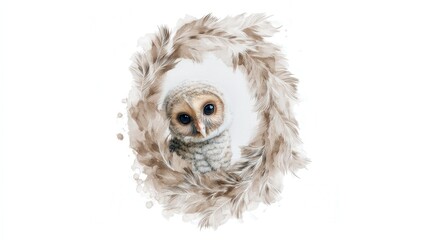 Watercolor letter O with a baby owl peeking from the center. Soft taupe feathers and gentle tones on white background—perfect for nursery art, kids’ design, and alphabet learning visuals.

