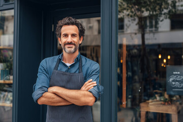 small business owner standing proudly in front of his business premises