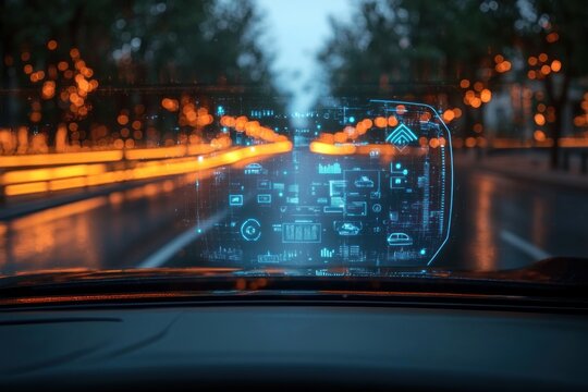 Futuristic augmented reality dashboard display glowing blue inside a vehicle at night with blurred street and orange lights outside, showing tech data and navigation - Powered by Adobe
