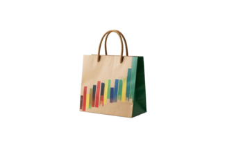 Paper shopping bag with colorful design on white background  