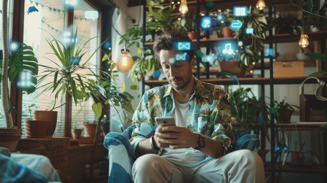 Social media and digital online concept, man using smart phone. The concept of living on vacation and playing social media. Social Distancing ,Working From Home concept. Social media concept.