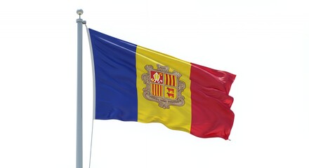 Andorra's vibrant flag billows proudly against a pristine white sky.