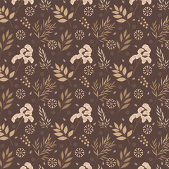 Pattern of twigs and seeds on a brown background