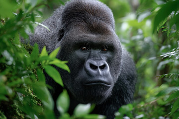 Fototapeta premium Majestic gorilla navigating through lush greenery in a dense forest habitat