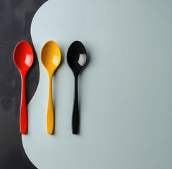 Minimalist composition of colorful spoons on dual tone background. A clean and modern image featuring three plastic spoons in red, yellow and black arranged in a row.