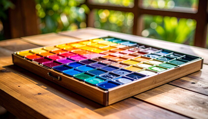 Fototapeta premium Palette of Colors: A painter's palette displaying a spectrum of vibrant hues sits on a wooden table, evoking a sense of artistic creativity and design.