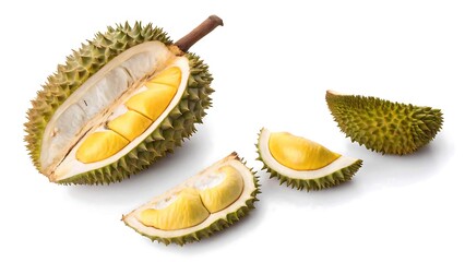 Fototapeta premium Freshly cut durian fruit with spiky green rind and creamy yellow flesh on a white background,png
