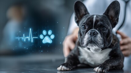 French Bulldog Health Check with Digital Paw and Heartbeat Icons