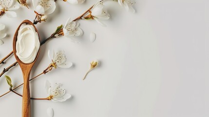 A wooden spoon dipped in creamy yogurt, standing isolated on a spotless white background. This image is a great fit for food - related projects, such as dairy product promotions, healthy eating guides