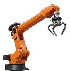 3D Render of Industrial Robotic Arm – Automated Manufacturing Technology Closeup, Isolated on White or Transparent Background