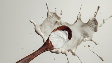 A wooden spoon dipped in creamy yogurt, standing isolated on a spotless white background. This image is a great fit for food - related projects, such as dairy product promotions, healthy eating guides