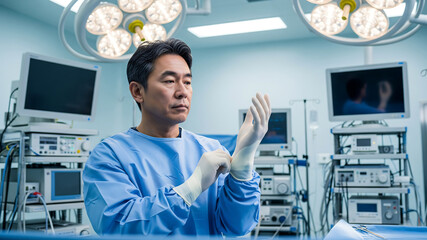 Asian surgeon prepares for operation with serious expression in high-tech OR setting