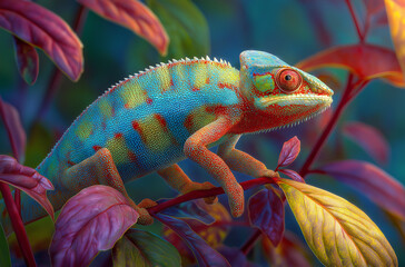 Obraz premium A colorful chameleon, hanging from the branch of an exotic plan