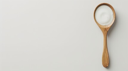 A wooden spoon dipped in creamy yogurt, standing isolated on a spotless white background. This image is a great fit for food - related projects, such as dairy product promotions, healthy eating guides