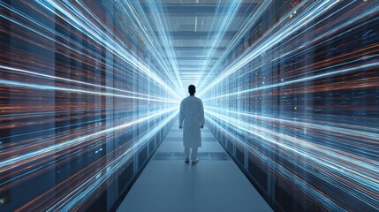 Tech executive inside AI-powered data room, light trails of real-time transfer operations.