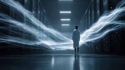Tech visionary in modern warehouse filled with glowing servers, lines of cloud data streaming around.