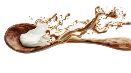 A wooden spoon dipped in creamy yogurt, standing isolated on a spotless white background. This image is a great fit for food - related projects, such as dairy product promotions, healthy eating guides