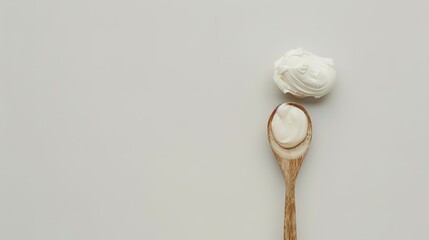 A wooden spoon dipped in creamy yogurt, standing isolated on a spotless white background. This image is a great fit for food - related projects, such as dairy product promotions, healthy eating guides