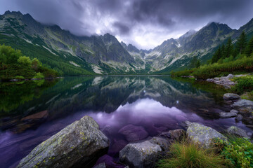 Fototapeta premium Serene mountain lake reflecting dramatic peaks under cloudy sky at twilight