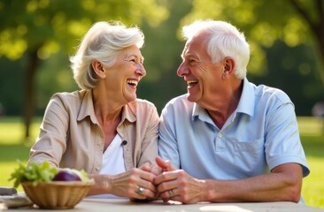 A cheerful senior couple laughs together during a sunny picnic in the park, surrounded by nature and greenery, enjoying life, love, capturing happiness, connection, and active lifestyle in retirement.