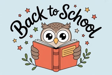 A wise baby owl reading a big book, with “Back to School” in whimsical script surrounded by little stars. Background is calm sky blue. Generative AI