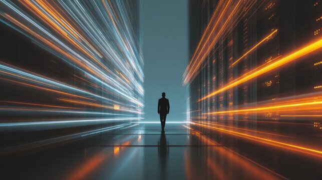 Tech executive inside AI-powered data room, light trails of real-time transfer operations.