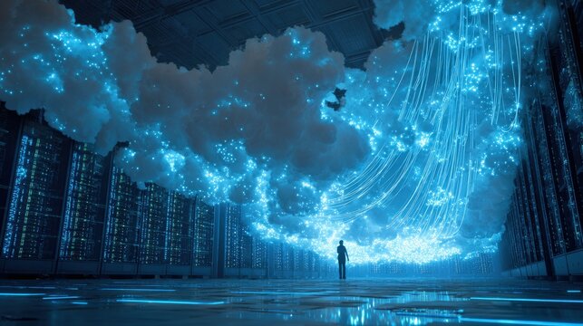 Tech visionary in modern warehouse filled with glowing servers, lines of cloud data streaming around.
