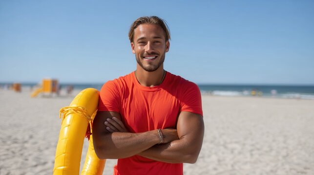 Young caucasian male lifeguard smiling on sunny beach. - Powered by Adobe