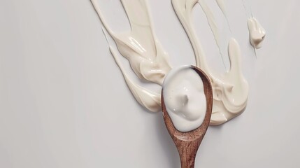 A wooden spoon dipped in creamy yogurt, standing isolated on a spotless white background. This image is a great fit for food - related projects, such as dairy product promotions, healthy eating guides