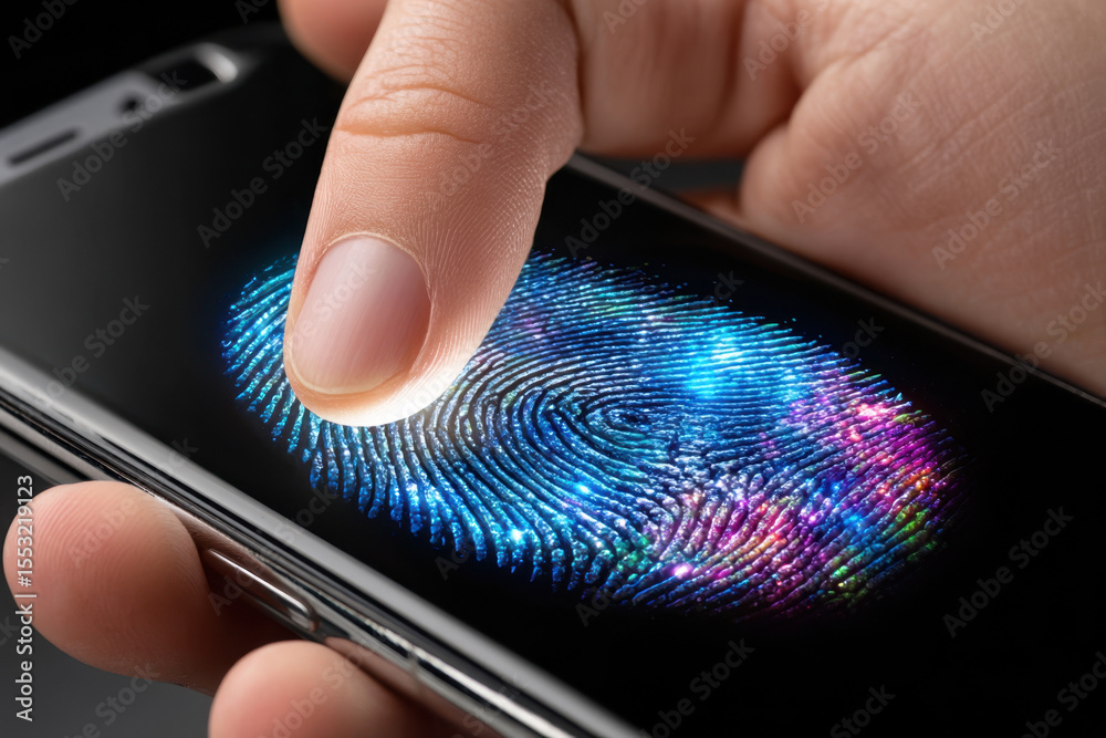 Poster touching a smartphone screen with a colorful fingerprint scanning feature for security access